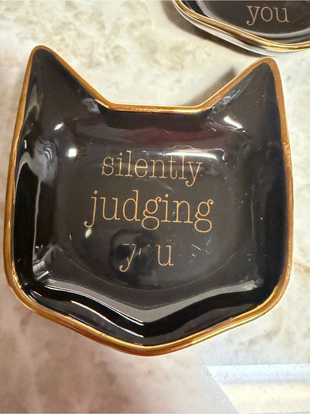 Black Cat-Shaped Trinket Dish with Gold Accent